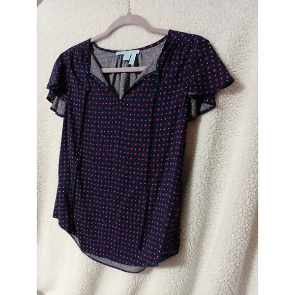 Draper James XS Blue Floral Dot Flutter Sleeve Peasant Boho Top Keyhole Tie Neck - Picture 10 of 11